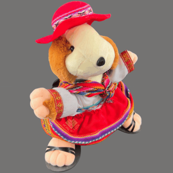 Cuy Peluche Andino – Mujer con Sombrero y Pollera Tradicional (edición roja)