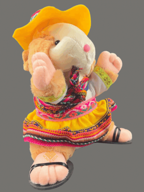 Cuy Peluche Andino – Mujer con Sombrero y Pollera Amarilla (edición amarilla)