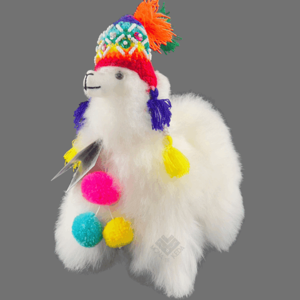Llama Andina de Alpaca con chullo Tejido y Pompones Multicolores (Tamaño 2)