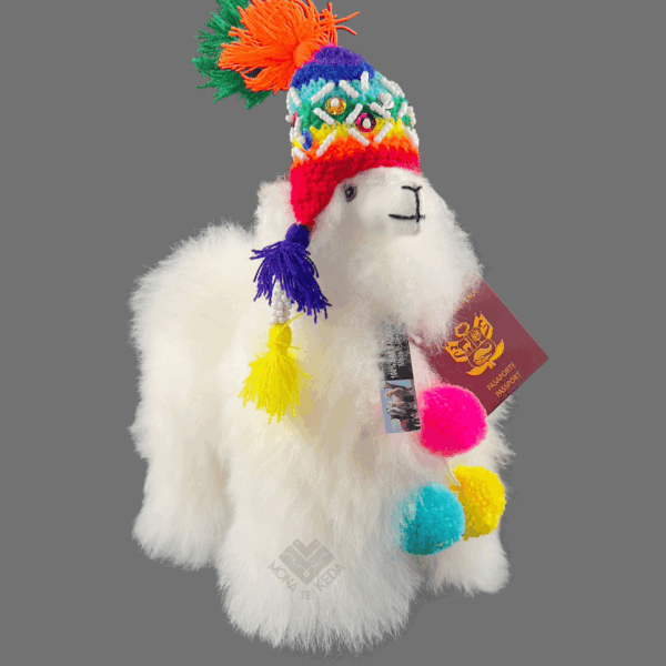 Llama Andina de Alpaca con chullo Tejido y Pompones Multicolores (Tamaño 2)
